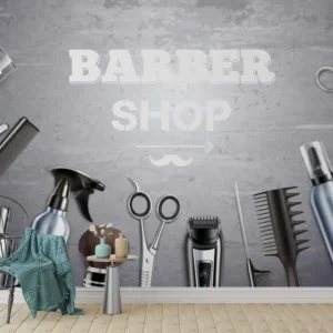 Modern salon Wallpaper featuring hairdressing tools, including scissors, clippers, combs, razors, bottles, and brushes on a matte grey background