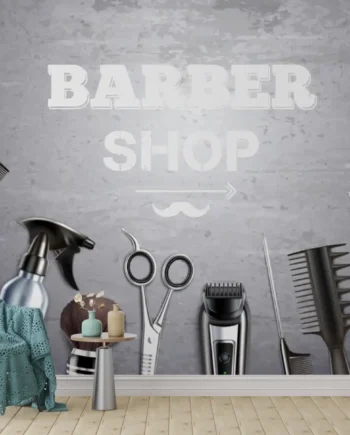 Modern salon Wallpaper featuring hairdressing tools, including scissors, clippers, combs, razors, bottles, and brushes on a matte grey background