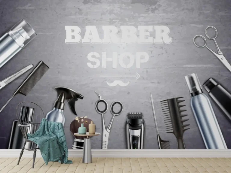 Modern salon Wallpaper Mural with Haircut Essentials Design - Custom 3D Wall Mural for Living Room & Bedroom (From ₹70/sq.ft) | Parker Window Blinds