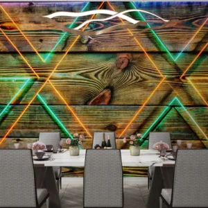 Neon Geometric Glow on Wood Wallpaper for Modern Bar Wall Decor