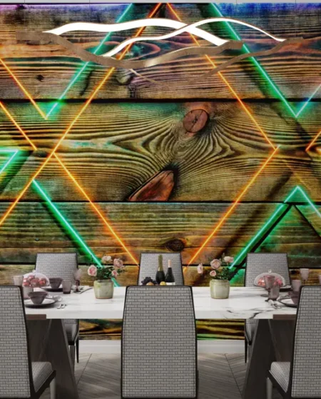 Neon Geometric Pattern of Luminosity on Wooden Bar Wallpaper - Custom 3D Wall Mural for Living Room & Bedroom (From ₹70/sq.ft) | Parker Window Blinds