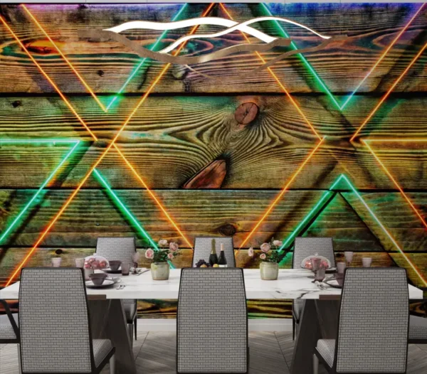 Neon Geometric Glow on Wood Wallpaper for Modern Bar Wall Decor