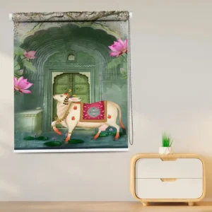 Pichwai art Sacred Cow Temple Door Roller Blind with decorated Indian cow in front of temple door and lotus flower design
