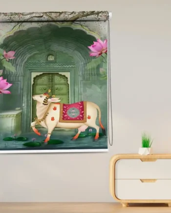 Pichwai art Sacred Cow Temple Door Roller Blind with decorated Indian cow in front of temple door and lotus flower design