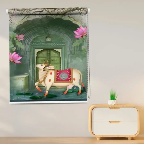 Pichwai art Sacred Cow Temple Door Roller Blind with decorated Indian cow in front of temple door and lotus flower design