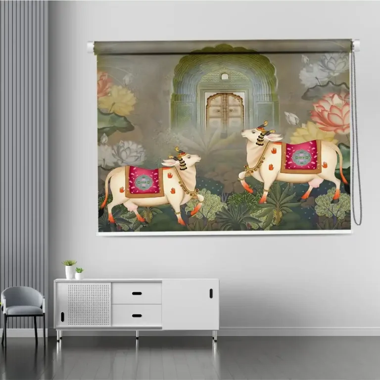 Rajasthani Doorway, Spiritual Cow & Lotus Garden Roller Blind - Custom Fit Window Blind with UV Protection (From ₹159/sq.ft) | Parker Window Blinds