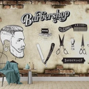 Retro Barber Shop Wallpaper with vintage male portrait, grooming tools, straight razor, scissors, and rustic brick background