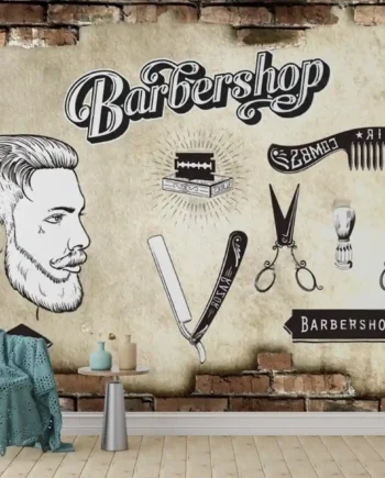 Retro Barber Shop Wallpaper with vintage male portrait, grooming tools, straight razor, scissors, and rustic brick background