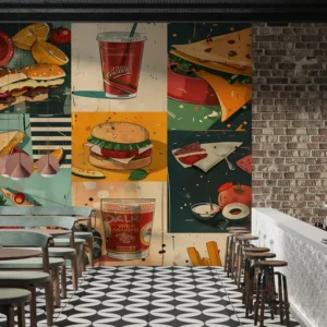 Retro Food Illustration Wallpaper with Burgers, Tacos, and Sodas for Vibrant Dining Spaces