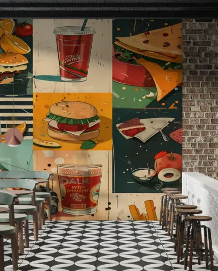 Retro Fast Food Illustration Wallpaper for Restaurants and Bars - Custom 3D Wall Mural for Living Room & Bedroom (From ₹70/sq.ft) | Parker Window Blinds