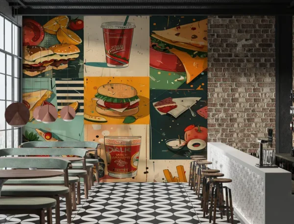 Retro Food Illustration Wallpaper with Burgers, Tacos, and Sodas for Vibrant Dining Spaces
