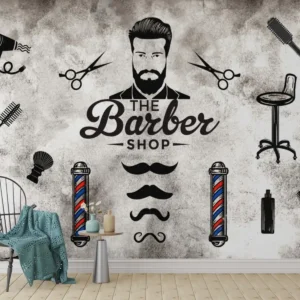 Retro Grooming Tools & Barber Icons Wallpaper mural with grooming tools and barber illustrations