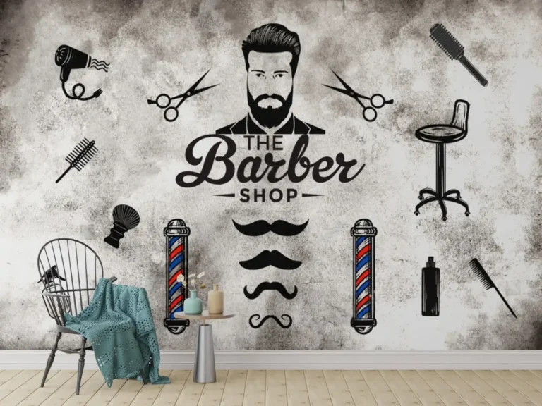 Retro Grooming Tools & Barber Icons Wallpaper for Salons & Man Caves - Custom 3D Wall Mural for Living Room & Bedroom (From ₹70/sq.ft) | Parker Window Blinds