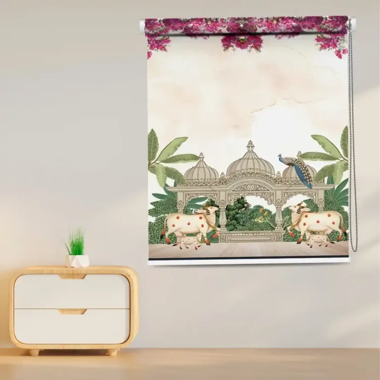 Sacred Pavilion Cow & Peacock Roller Blind with Pichwai art design - Custom Fit Window Blind with UV Protection (From ₹159/sq.ft) | Parker Window Blinds