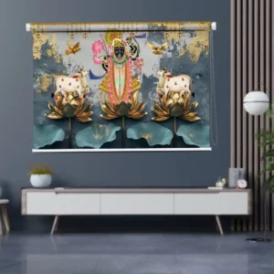 Shrinathji Pichwai Puja Room Roller Blind featuring golden lotus and cows, a spiritual window covering design
