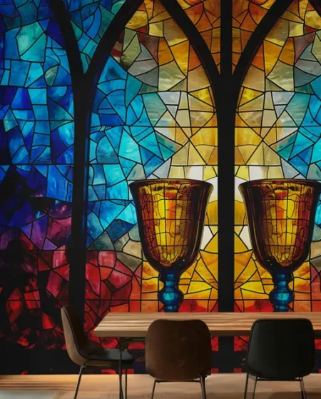 Stained Glass Chalice Mural Wallpaper with Sacred Cathedral Wall Art - Custom 3D Wall Mural for Living Room & Bedroom (From ₹70/sq.ft) | Parker Window Blinds