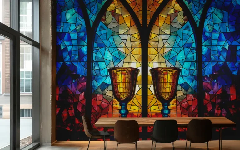 Stained Glass Chalice Mural Wallpaper with Sacred Cathedral Wall Art - Custom 3D Wall Mural for Living Room & Bedroom (From ₹70/sq.ft) | Parker Window Blinds