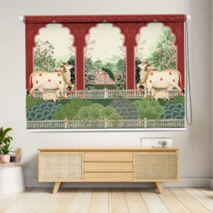 Traditional Cow & Garden View Pichwai Roller Blind Peacock & Foliage