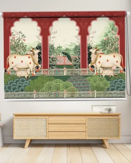 Traditional Cow & Garden View Pichwai Roller Blind - Custom Fit Window Blind with UV Protection (From ₹159/sq.ft) | Parker Window Blinds