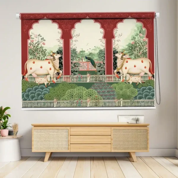 Traditional Cow & Garden View Pichwai Roller Blind Peacock & Foliage