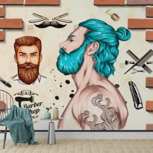 Tattooed man with blue beard and grooming tools barber shop wallpaper mural on faux brick wall background