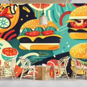 Vibrant Food-Themed Burger Wallpaper for Restaurants and Cafes