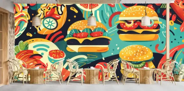 Vibrant Food-Themed Burger Wallpaper for Restaurants and Cafes