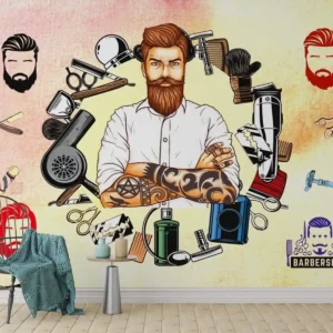 Vintage Hair Salon Wallpaper with vintage grooming tools, scissors, razors, and salon accessories in colorful artistic design