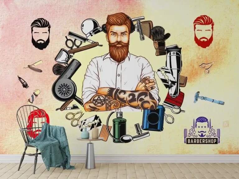 Vintage Hair Salon Wallpaper with Grooming Tools & Hipster Vibes - Custom 3D Wall Mural for Living Room & Bedroom (From ₹70/sq.ft) | Parker Window Blinds