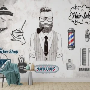 Vintage Hair Salon Wallpaper with bearded man, pipe, salon icons, barber pole, and grooming tools on vintage background