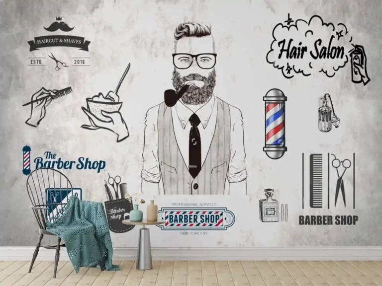 Vintage Hair Salon Wallpaper with Grooming Tools and  Pipe - Custom 3D Wall Mural for Living Room & Bedroom (From ₹70/sq.ft) | Parker Window Blinds