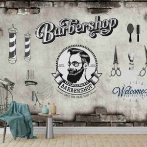 Vintage Salons and Men's Grooming Space Wallpaper with barber tools, retro graphics, and exposed brick wall design for men’s grooming space decor