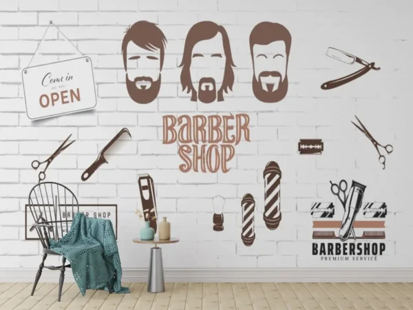 Minimalist Barbershop Wallpaper Mural featuring minimalist beard styles, grooming tools, barber poles, scissors, and “Come In We’re Open” sign on white brick backgroundMinimalist Barbershop Wallpaper Mural featuring minimalist beard styles, grooming tools, barber poles, scissors, and “Come In We’re Open” sign on white brick background