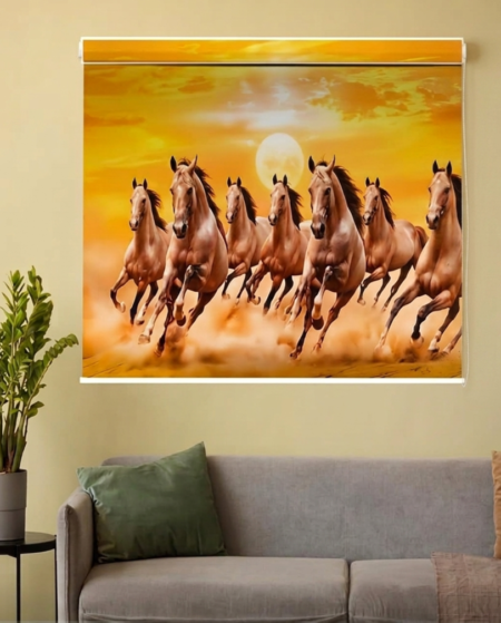 7 Brown Running Horses Roller Window Blind Golden Background - Custom Fit Window Blind with UV Protection (From ₹159/sq.ft) | Parker Window Blinds