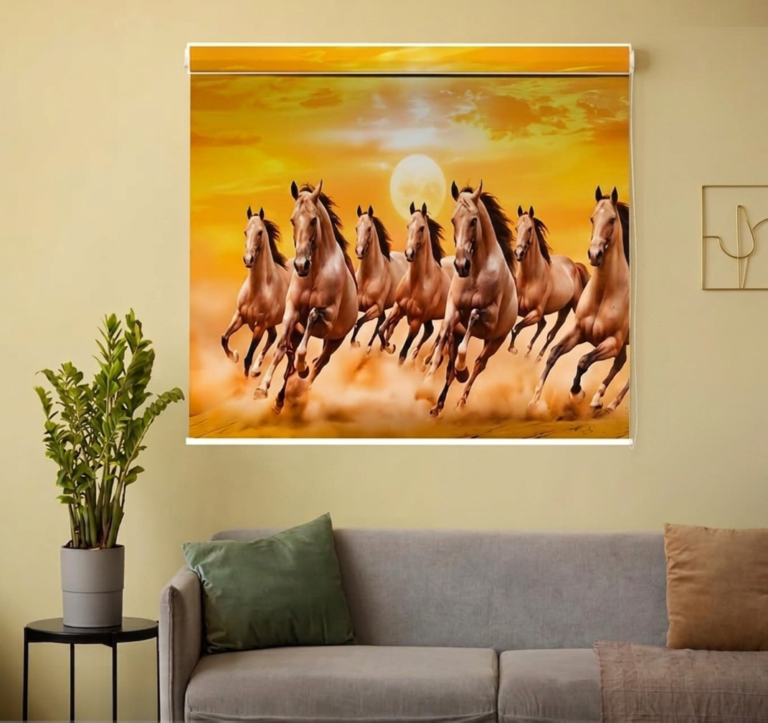 7 Brown Running Horses Roller Window Blind Golden Background - Custom Fit Window Blind with UV Protection (From ₹159/sq.ft) | Parker Window Blinds