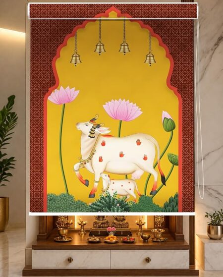 Gau Mata Pichwai Mural Kamdhenu Golden Background Design - Custom Fit Window Blind with UV Protection (From ₹159/sq.ft) | Parker Window Blinds
