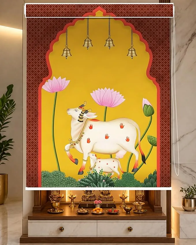 Gau Mata Pichwai Mural Kamdhenu Golden Background Design - Custom Fit Window Blind with UV Protection (From ₹159/sq.ft) | Parker Window Blinds