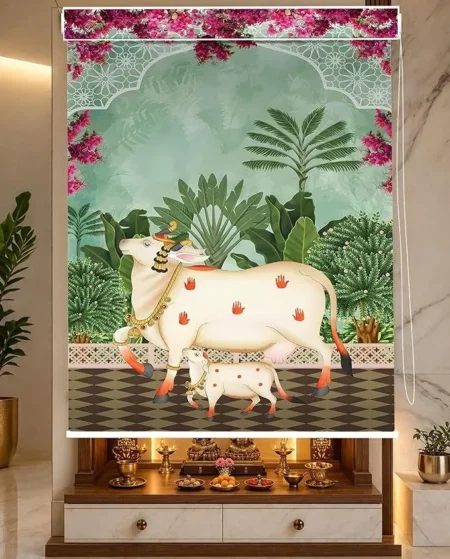 Gau Mata Pichwai Mural Kamdhenu New Design Green Roller Blind - Custom Fit Window Blind with UV Protection (From ₹159/sq.ft) | Parker Window Blinds