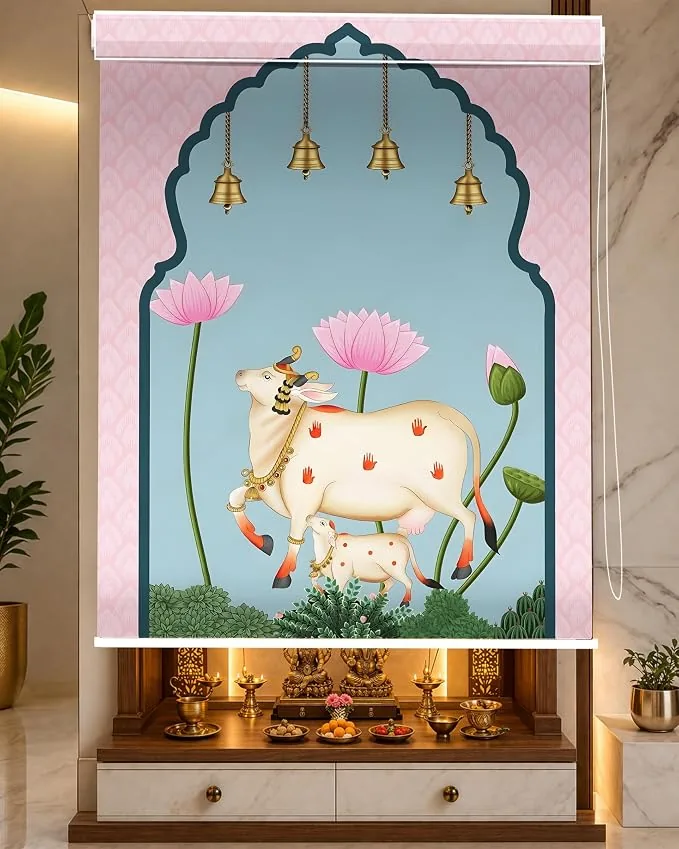 Gau Mata Pichwai Mural Kamdhenu Blue Design Blind - Custom Fit Window Blind with UV Protection (From ₹159/sq.ft) | Parker Window Blinds